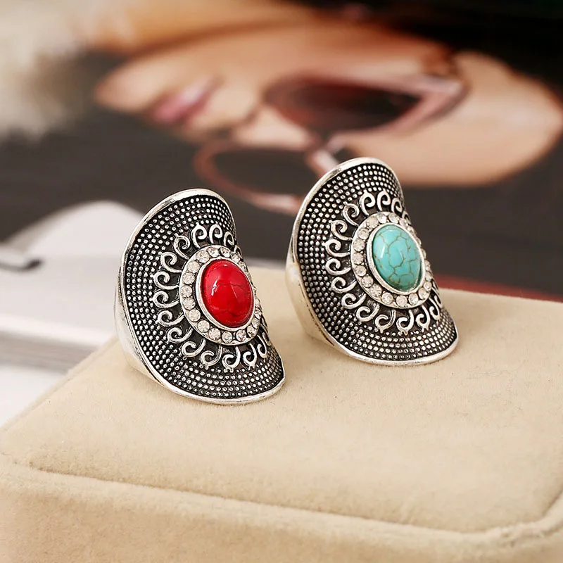 H:HYDE Female Red/Green Oval Ring Fashion Ancient silver Jewelry Vintage Wedding Rings For Women Birthday Stone Gifts