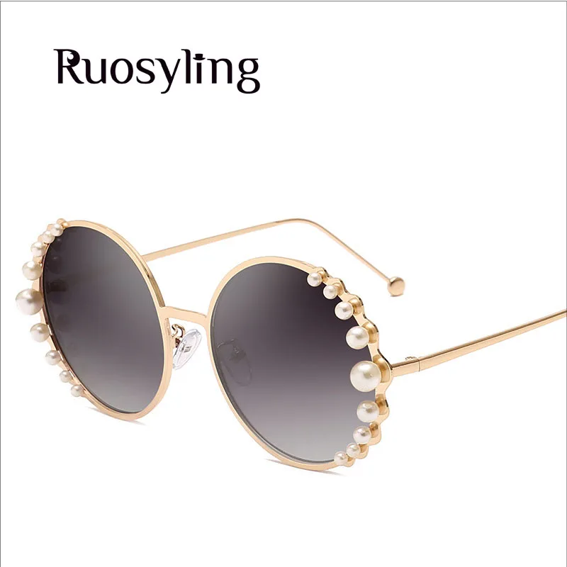 Ruosyling Модные солнцезащитные очки с жемчугом для женщин круглая белая жемчужина очки женские большие солнцезащитные очки негабаритные металлические женские солнцезащитные очки UV400