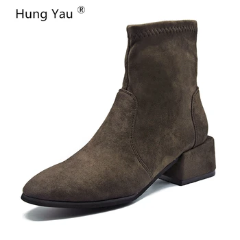 

Hung Yau Women Ankle Boots Square High Heel Pointed Toe Elegant Slip-On Autumn Women Motorcycle Flock Black Boots Size 35-39