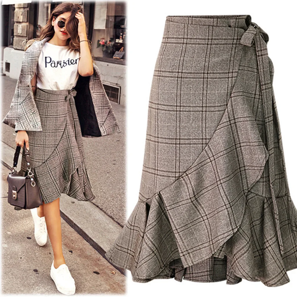

Autumn Women Chequered Fishtail Half-length Skirt Casual High Elastic Waist Ruffle Plaid Knee Length Pleated A-Line Skirt E55