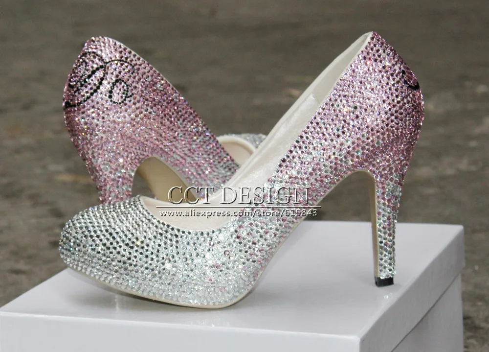 customized name high heels silver rhinestone low high heeled wedding bridal shoes evening party pumps