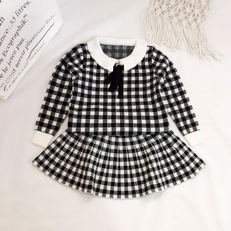 Babyinstar/комплект одежды для девочек, вязаный свитер в клетку+ юбка, 2 предмета, Милая зимняя одежда для девочек, комплекты с юбкой для малышей, верхняя одежда