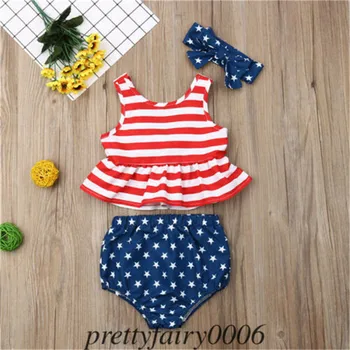 

Summer Casual Sleeveless Striped 4th of July Baby Boy Girl USA Flag Shirt Tops Shorts Pants Pullover Outfits 6-48M