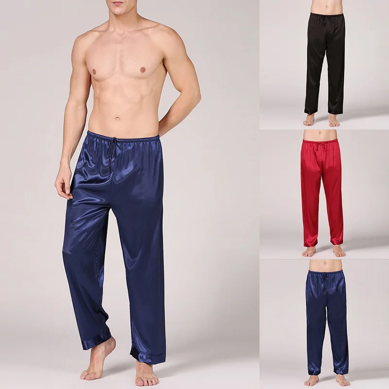 

MoneRffi Men's Satin Pajama Pants Long Solid Color elastic waist drawstring sleepwear spring summer Nightwear Trousers pyjamas