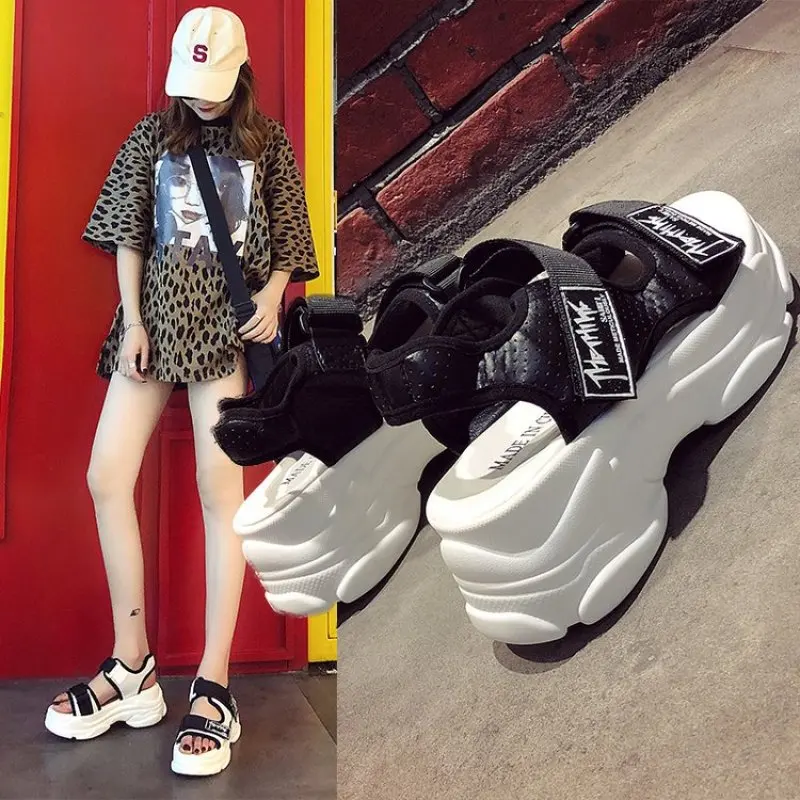 2019 Summer Platform Sandals Women 6cm Wedge High Heels Shoes Women Buckle Leather Canvas Summer Slippers Woman Chunky Sandal