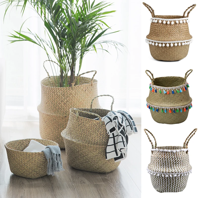 

Foldable Tassel Seagrass Woven Straw Basket Pot Garden Plant Flower Hanging Basket With Handle Flowerpot Home Decor