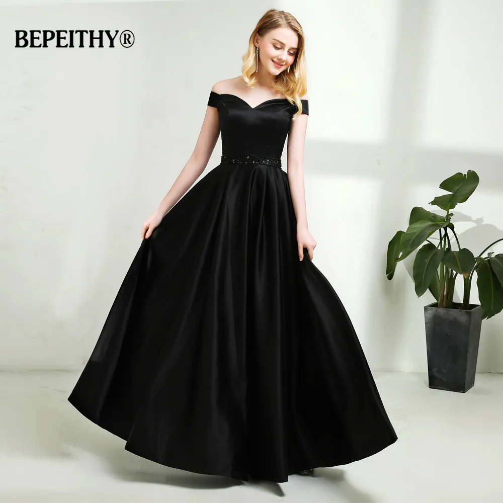 Vestido de festa, длинное вечернее платье трапециевидной формы, винтажное платье с открытыми плечами, платья для выпускного вечера, пояс со стразами, Robe De Soiree - Цвет: black