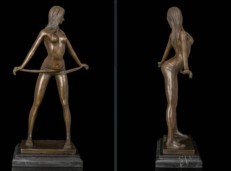 Signed Bronze Erotic Sculpture Art Deco Nude Figurine Statue Marble Base Fi...