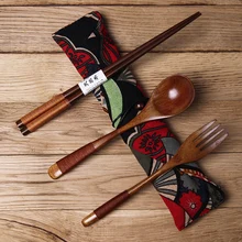 Экологичные портативные деревянные палочки для еды, деревянная посуда, дорожные пакеты, деревянная ложка, три набора новых японских сумок