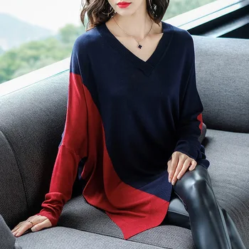 

Women Autumn Winter High Street Fashion Loose Sexy V Neck Asymmetrical Long Knitted Sweater Female Bat Sleeve Oversize Pullover