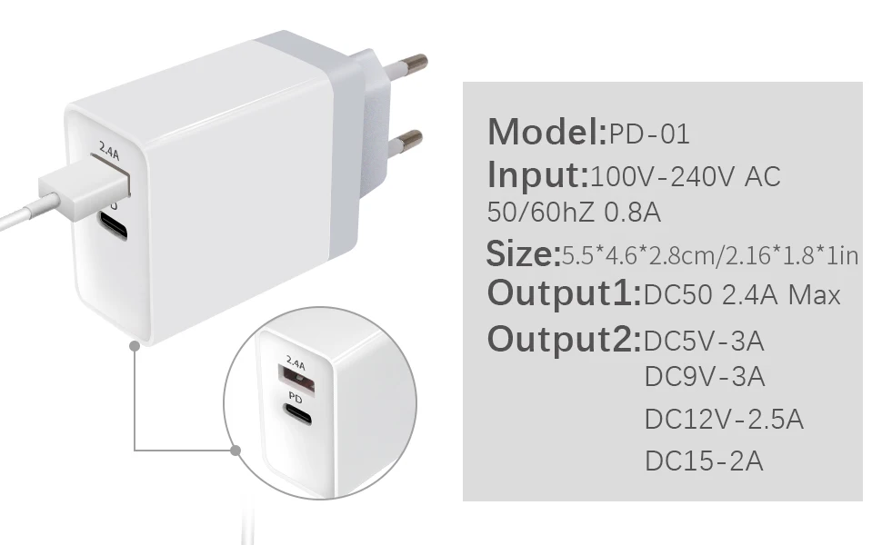 5V 2.4A USB зарядное устройство, USB QC 3,0 30W USB-C адаптер питания зарядное устройство совместимо с мобильными, iPhone, iPad, Android, планшеты