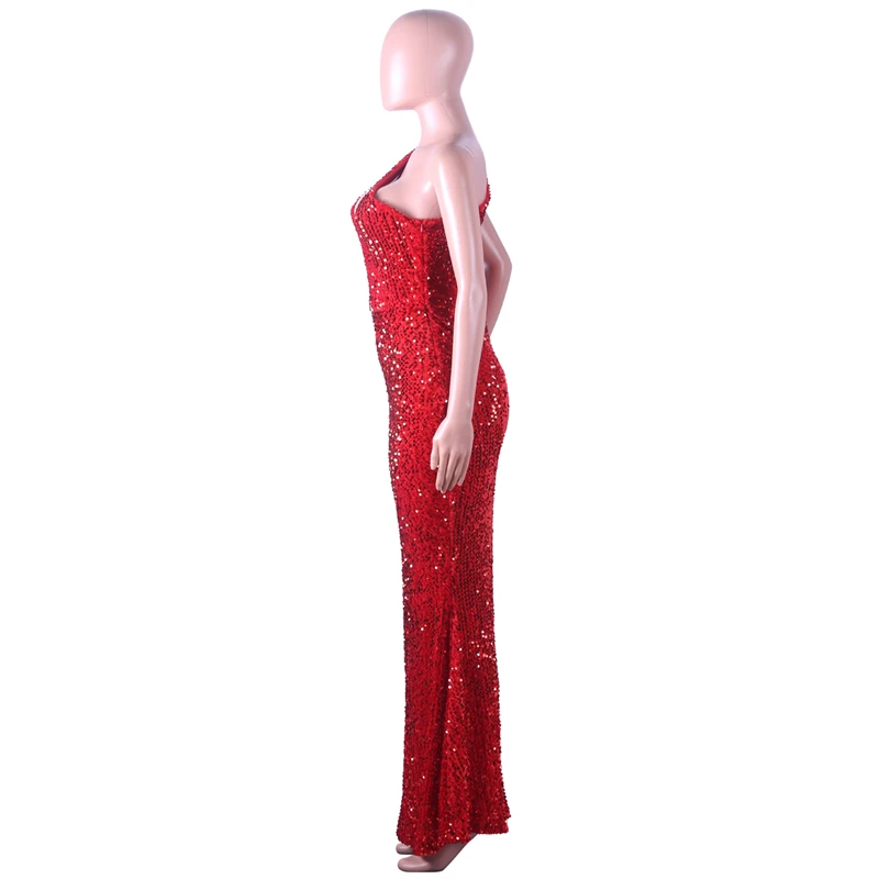 Adogirl/рождественское красное вечернее платье с блестками на одно плечо, Открытое платье без рукавов, облегающее Клубное Макси-платье русалки, длинное платье