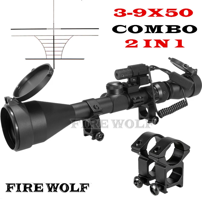 

FIRE WOLF Optical Sight 3-9X50 Riflescope Hunting Optics Y0038 25.4mm Scope Mount With Red Laser Sight AAA