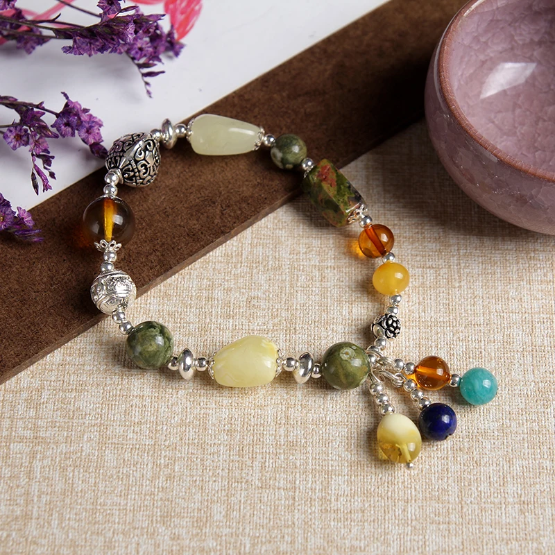 

JIUDUO Natural Colorful Amber Beeswax Bracelet Hand With Women identification design factory direct special package mail