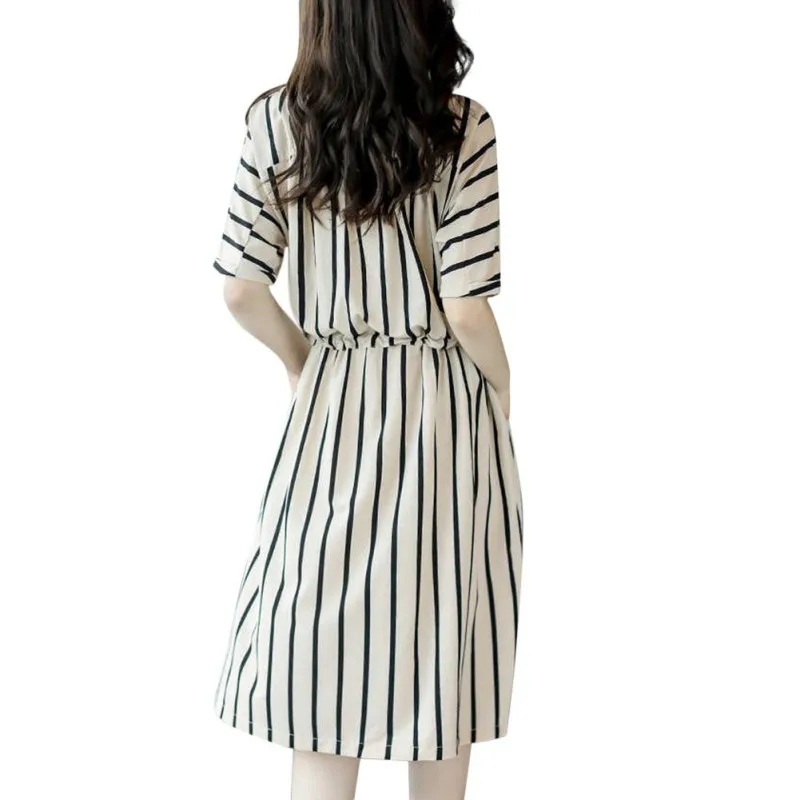 Summer Casual Short Sleeve Boho Slim Elastic Waist Party Beach Dresses