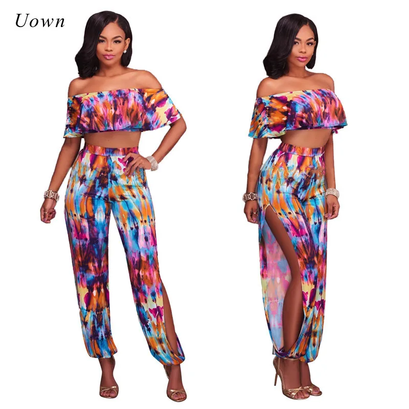 2 Piece Set Women Crop Top and Pants Set 2017 Summer Tie Dye Print Off