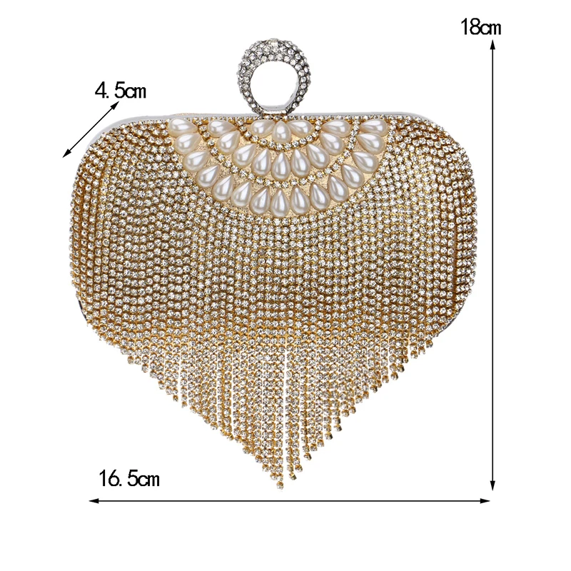 Keevip Tassel Gold Rhinestone Clutch Bag Size