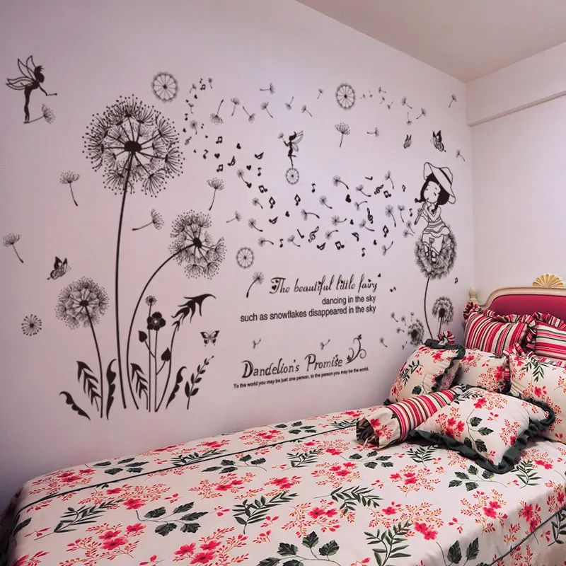 

[shijuekongjian] Black Dandelion Flower Elf Wall Stickers DIY Girl Mural Decals for House Living Room Kids Bedroom Decoration
