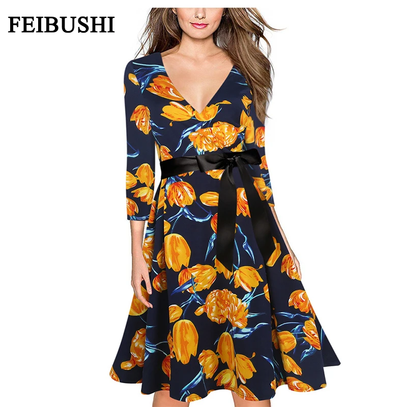 

FEIBUSHI Vintage V Neck Floral Print Dress Women 50s Rockabilly 3/4 Sleeve Casual Evening Party Ball Gown Dress Big Size