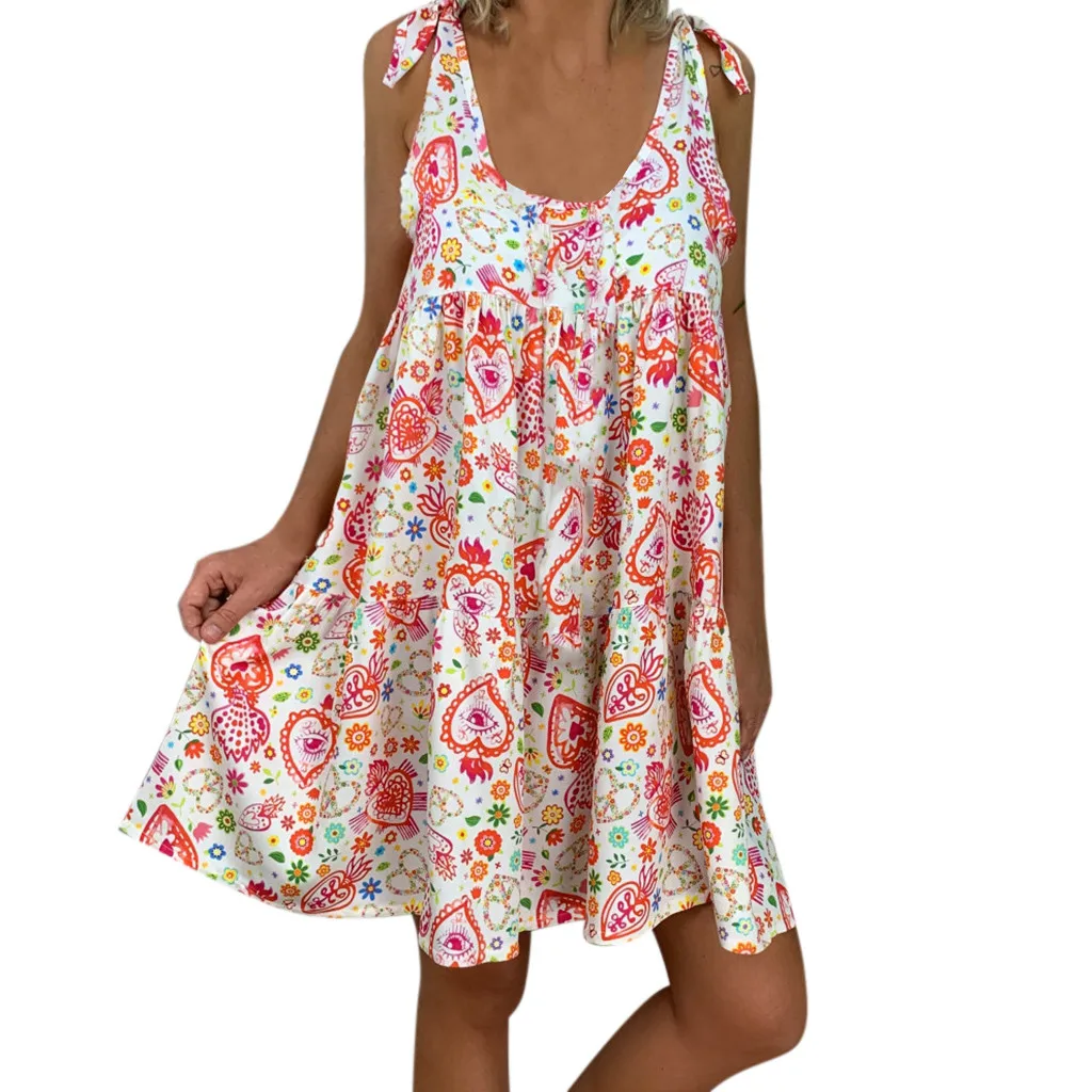 

Mini Floral Print Sleeveless Halter Strap Dress Summer Beach Bohemian Holiday Casual Loose Dress Plus Size Comfortable Sundress