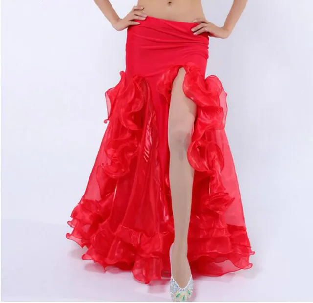 Sexy Women Bellydance costume Long Ruffle carnaval Skirt Side Slit Purple Red White Blue Pink Solid Color Dancing Performance Cl Red