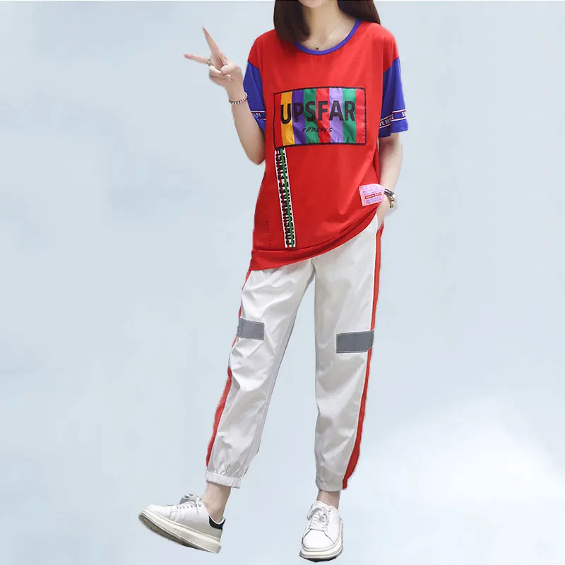 

plus size Women Summer Casual Outdoor Fitness 2PCS Set:Loose Short Sleeves Letter Printed TShirts+Elastic Waist Sport Pants Set
