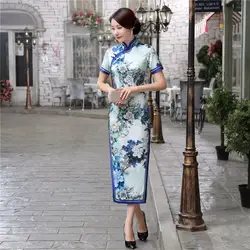 Новинка ручной работы на пуговицах Женская Клубная одежда китайские женские атласные Длинные Cheongsam элегантный принт Qipao цветы S M L XL XXL