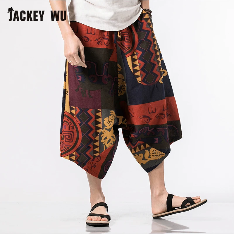 JACKEYWU бренд льняные Мужские штаны Мода 2019 г. Повседневное мешковатые 100% хлопок шаровары Этническая Стиль печатных свободные широкие брюки 5XL