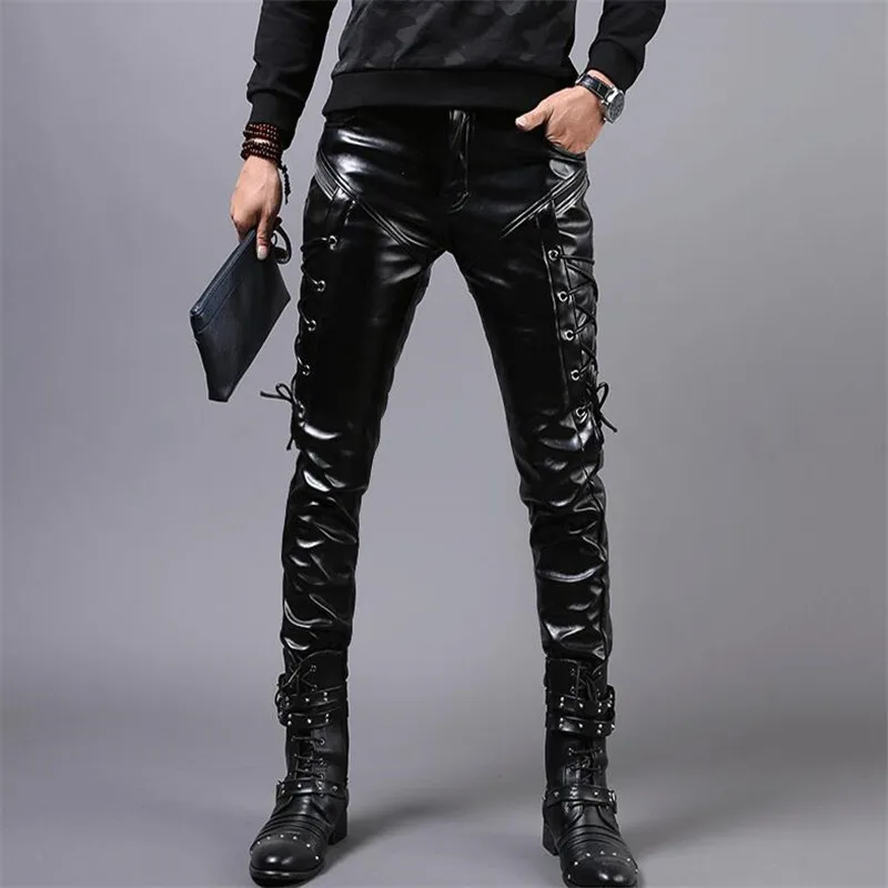 MORUANCLE новые зимние мужские обтягивающие байкерские кожаные штаны модные из искусственной кожи мотоциклетные брюки для мужчин сценическая