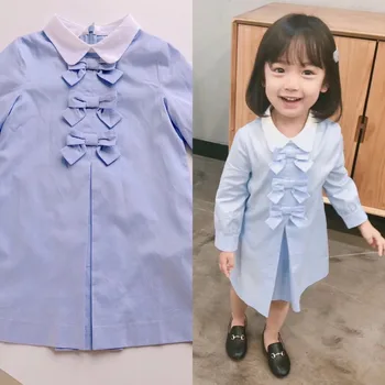

Girls princess dress solid blue color vestido long sleeve turn-down collar three bow autumn kids dresses for girls