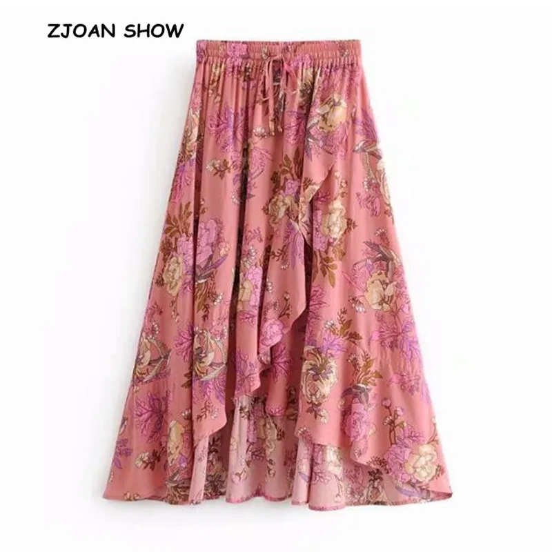 

Bohemian Bird Flower Print Front Slit Ruffles Hem Skirt Pink Ethnic Lacing up Elastic Waist Asymmetrical Skirts 2018 New Women