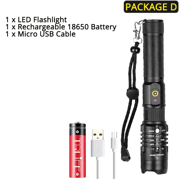 Самый мощный светодиодный фонарь XHP50.2, перезаряжаемый через USB фонарь XHP50, usb-фонарь с зумом, Охотничья лампа для самообороны, 18650 - Испускаемый цвет: Package D