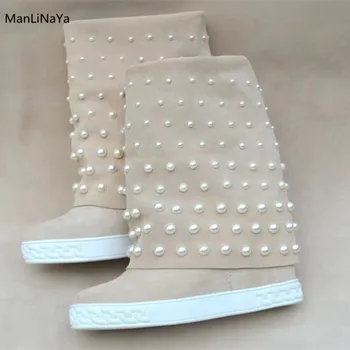 

Cow Leather Boot Women Leather Round Toe Pearls String Bead Women Boots Platform Height Increasing Turned -over Edge Female Boot