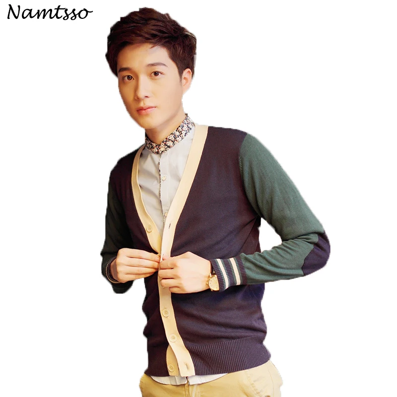 

100% Cotton Knit Cardigan Men's 2018 Autumn Winter New Coloured V Neck Thin Long sleeve Sweater Cotton Hit color 161