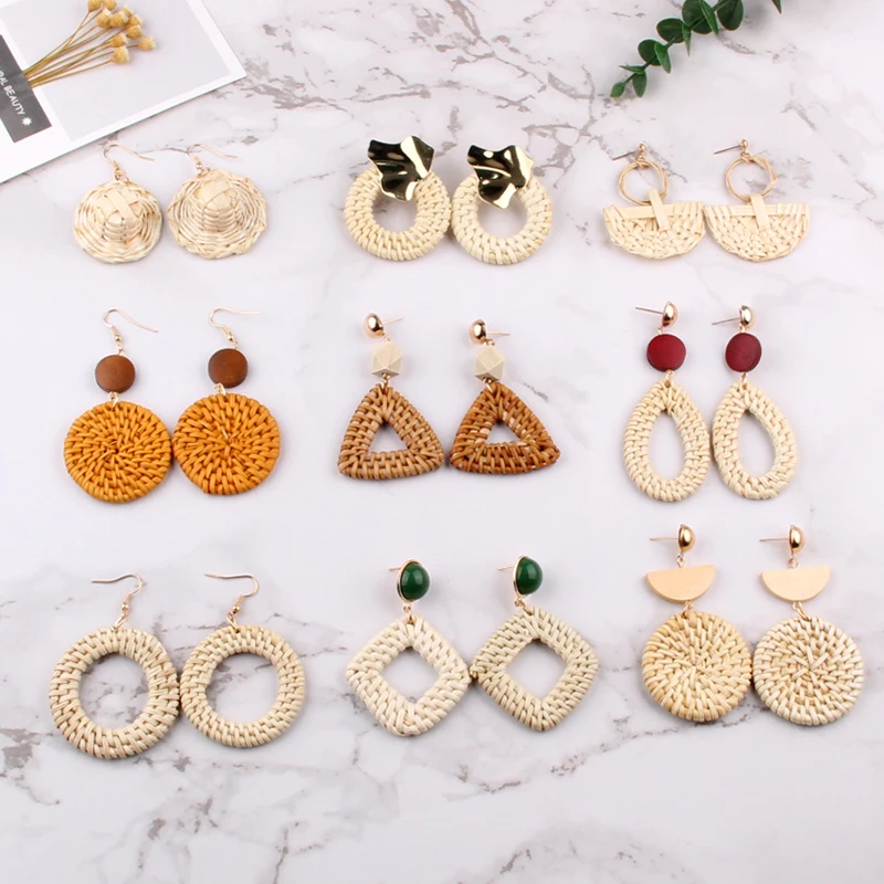 

Vedawas Handmade Bamboo Rattan Weave Circle Triangle Dangle Earrings for Women Natural Drop Earing Jewelry bijoux femme xg1622