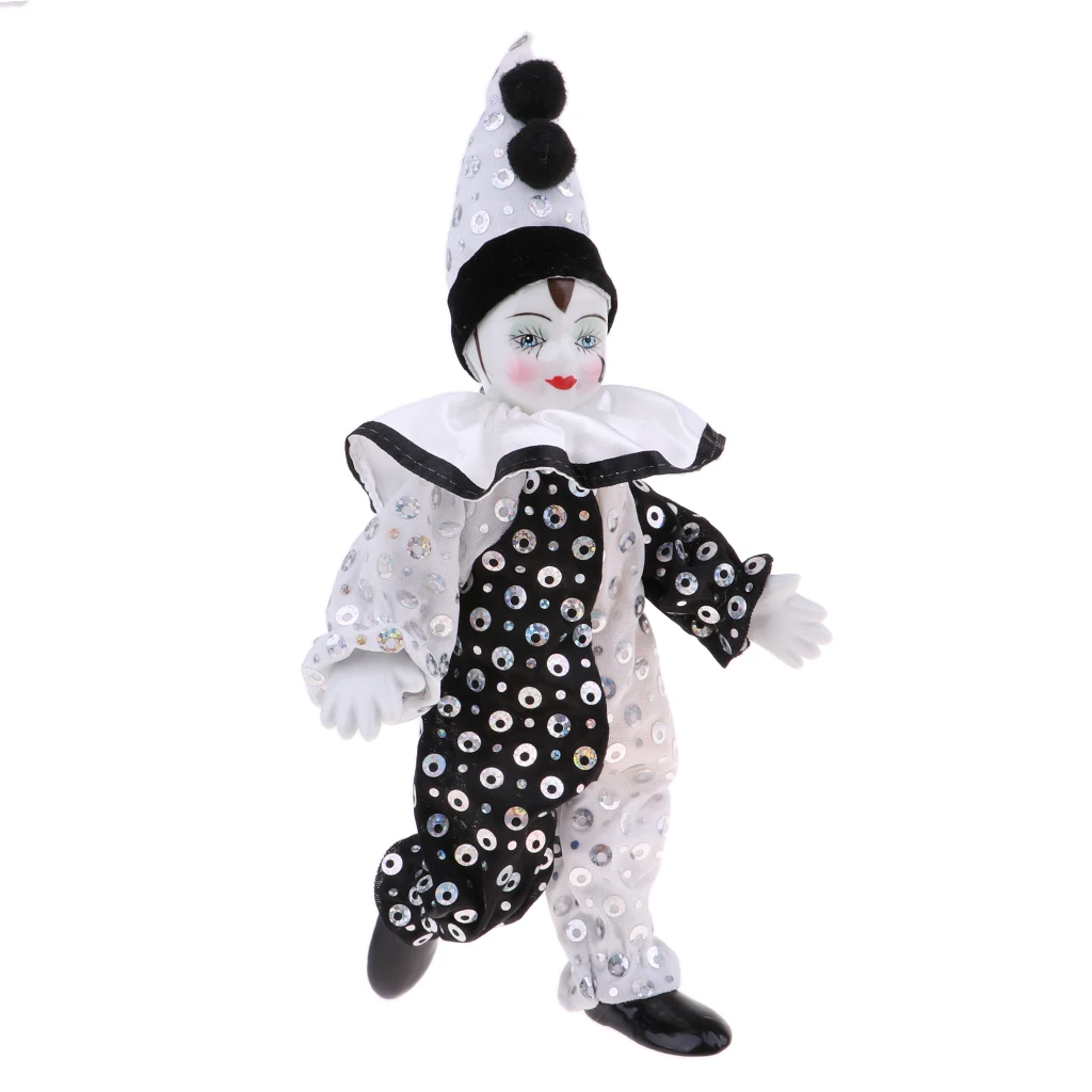 23cm Height Funny Porcelain Clown Man Wearing High-grade Brocade Clothes Figure Doll Toy Xmas Party Decoration Polka Dots 