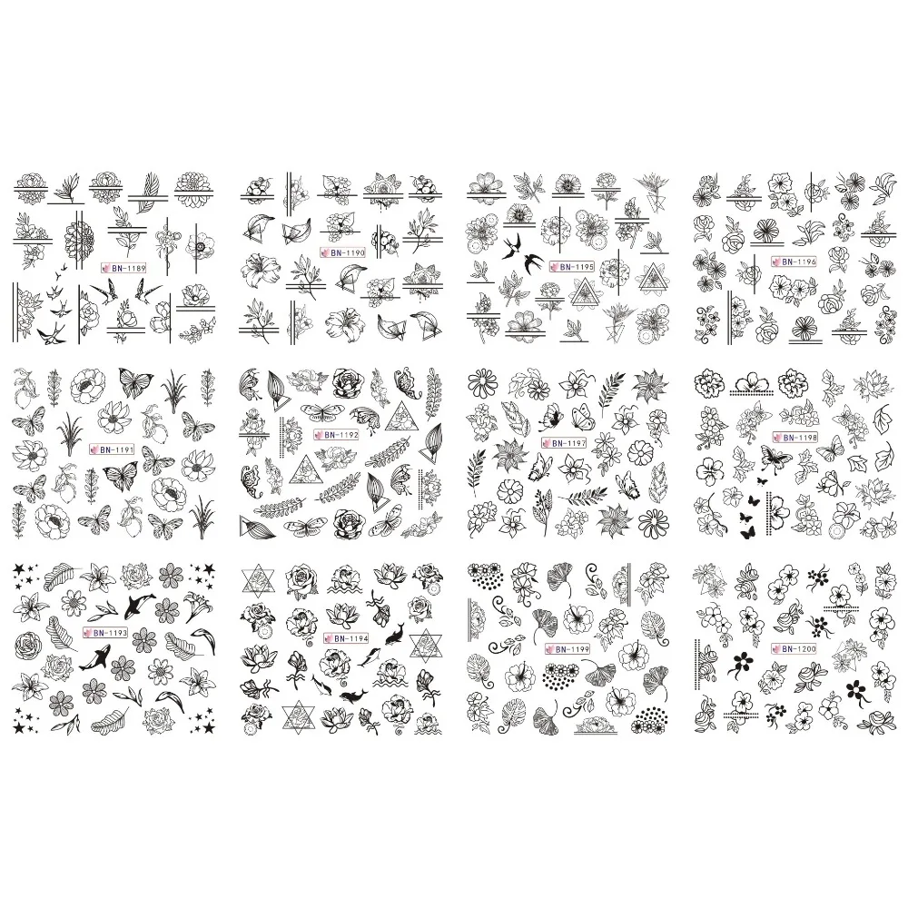 

UPRETTEGO 12 PACK/ LOT WATER DECAL NAIL ART NAIL STICKER FULL COVER BLACK GEOMETRIC FLOWER LEAF FISH BUTTERFLY BN1189-1200