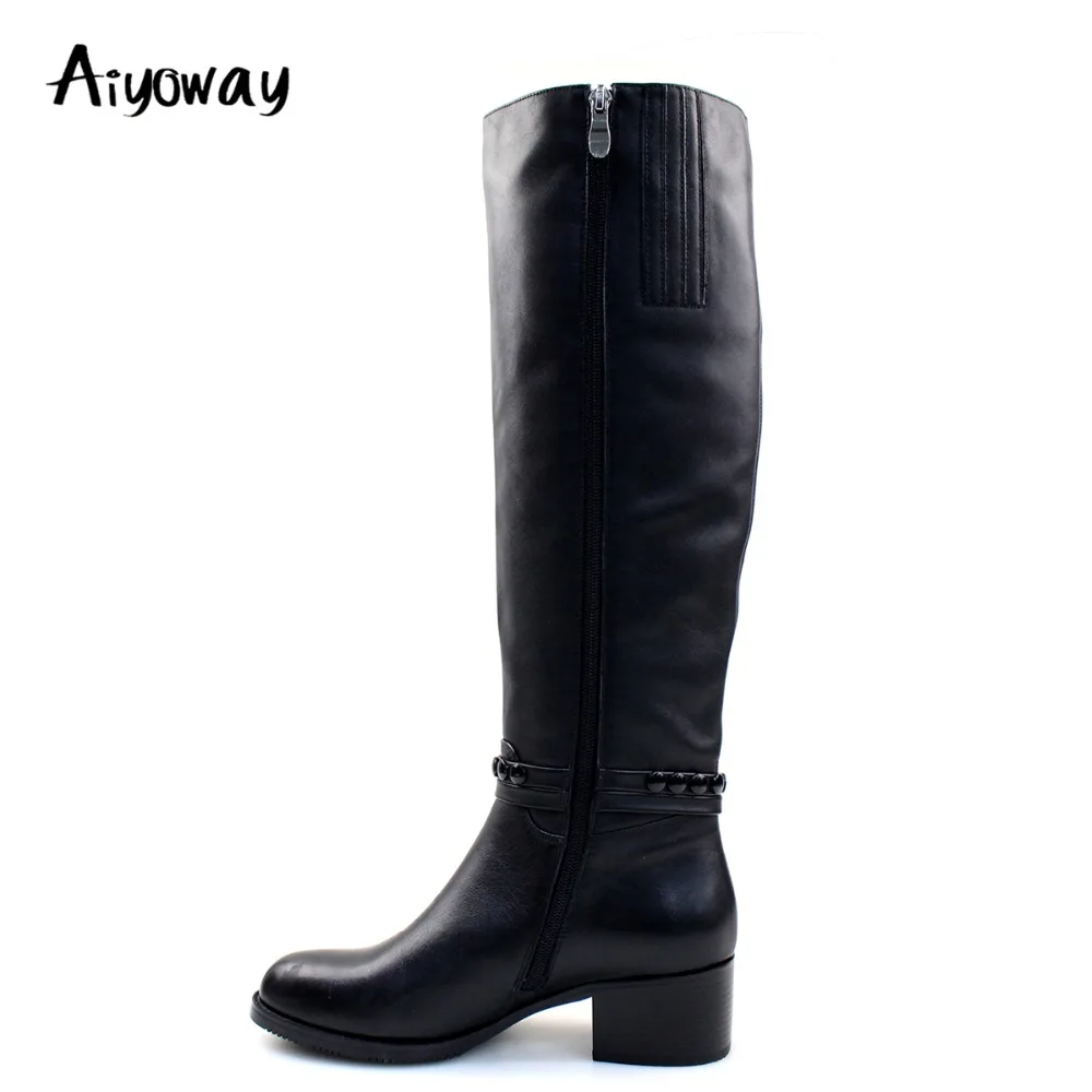 

Aiyoway Women Knee Boots Black Autumn Winter Party Fashion Ladies Round Toe Mid Block Heel Dress Shoes Ankle Buckle US Size 5-12
