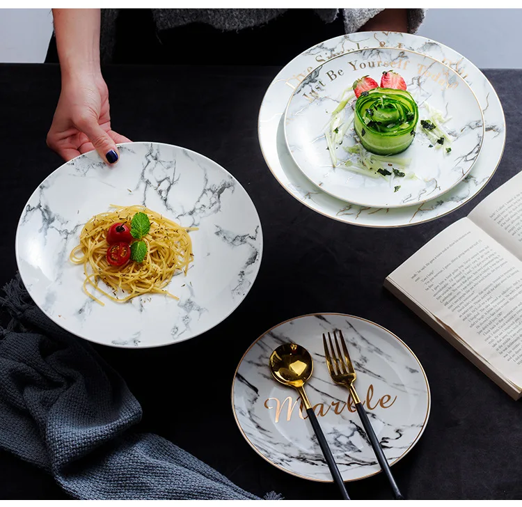 Marble Texture Inlaid with Gold Edge Ceramic Plate Disk Flat Dish Customized Wholesale Loucas Porcelana Dishes and Plates Sets 