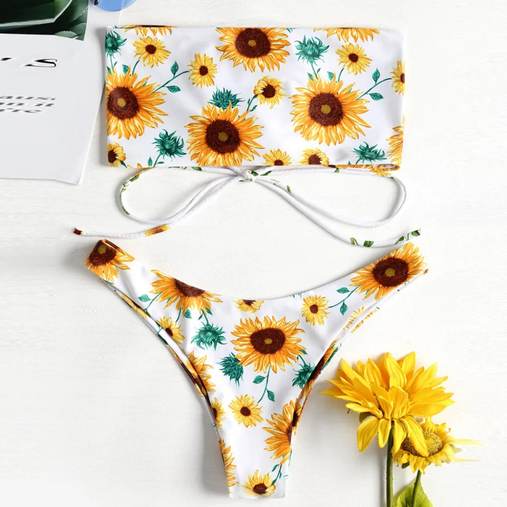 

swimsuit for girls Sexy Swimwear women High Waist Sexy Sunflower Print Swimsuit Bikini Bathing Bra Beachwear Two Piece Suit