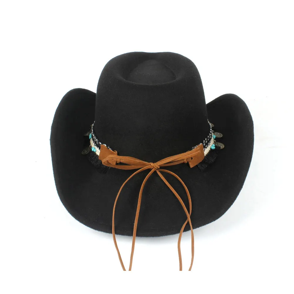 Женская шерстяная полая западная ковбойская шляпа с кисточками Женская открытая черная сомбреро Hombre джаз шляпа ветряная веревка размер 56-58 см