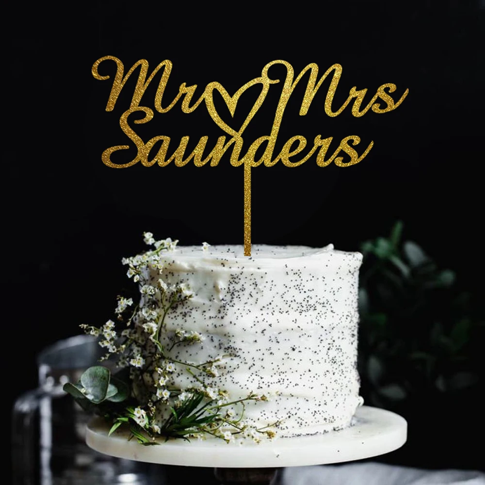 Mr& Mrs с сердцем персонализированные Свадебный торт Топпер на заказ фамилия торт топперы для Свадебный акриловый юбилей торт Топпер