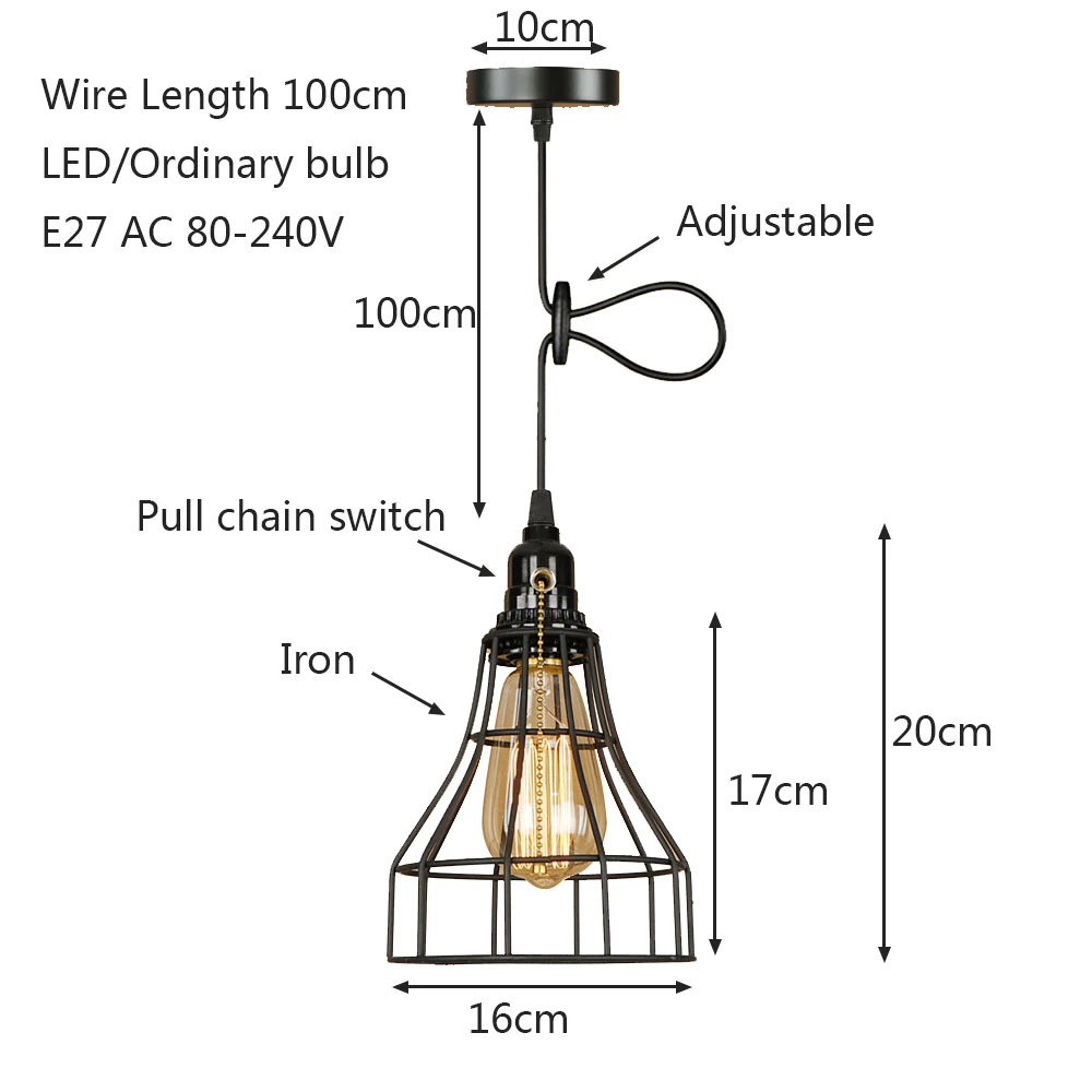 Европа Ретро гладить черный подвесной светильник светодиодный E27 просто висит лампы с выключателем для гостиной, спальни ресторана