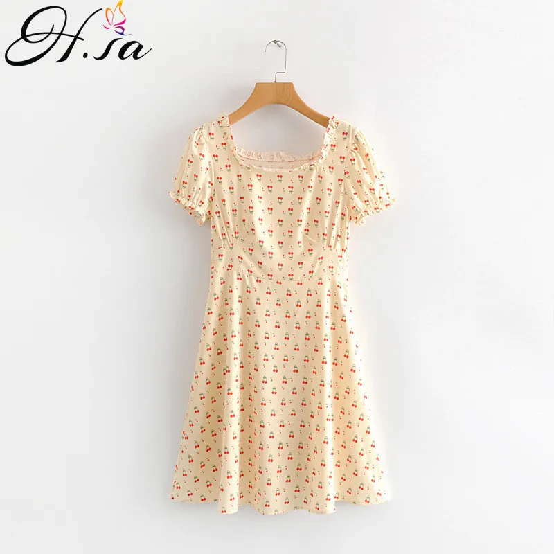 

H.SA Women Summer Midi Vestidos 2019 Retro Vinytage Short Sleeve A-line Pleated Dress Square Neck Cherry Beach Style Vestidos