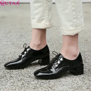 

QUTAA 2019 Cow Leather +pu Women Pumps Fashion Shoes All Match Square Heel Platform Lace Up Elegant Ladies Pumps Size 34-39