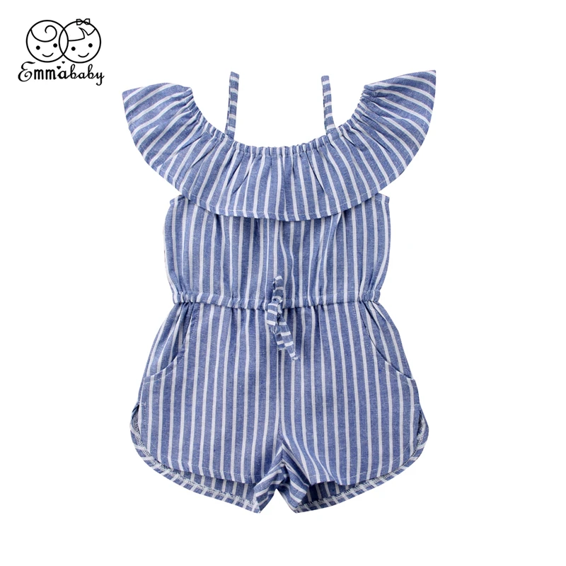 Emmababy 1-6Y Children Baby Girls Stripe Rompers off shoulder bandage Jumpsuit One Pecie Romper Outfits Clothes girl summer