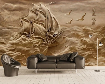 

Beibehang Custom home decor murals 3D reliefs sea sailboat wind and waves sailing background wall 3d wallpaper painting