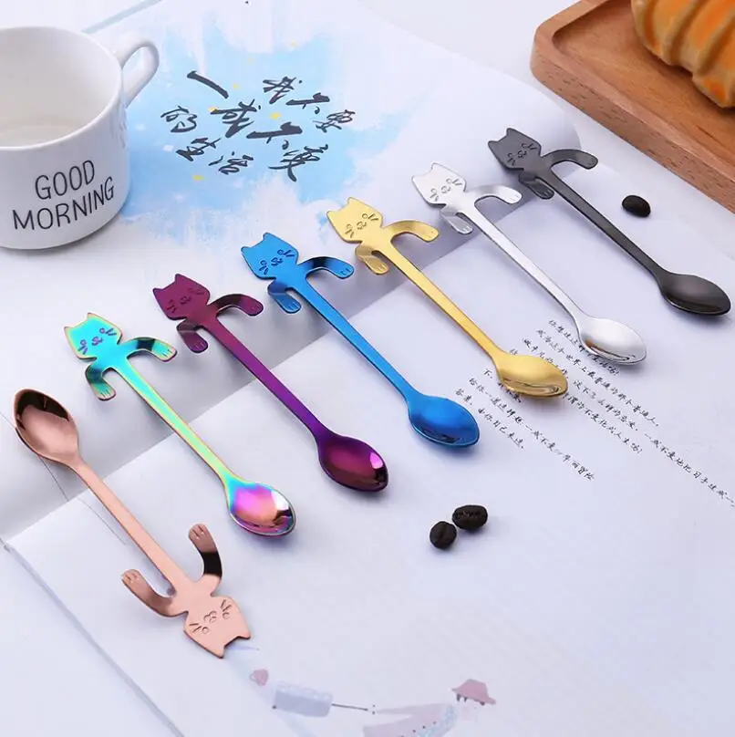 

Kids Flatware Gifts Kitchen Cute Cat Long Handle Hanging Spoon Coffee Milk Stainless Steel Spoon LX6838