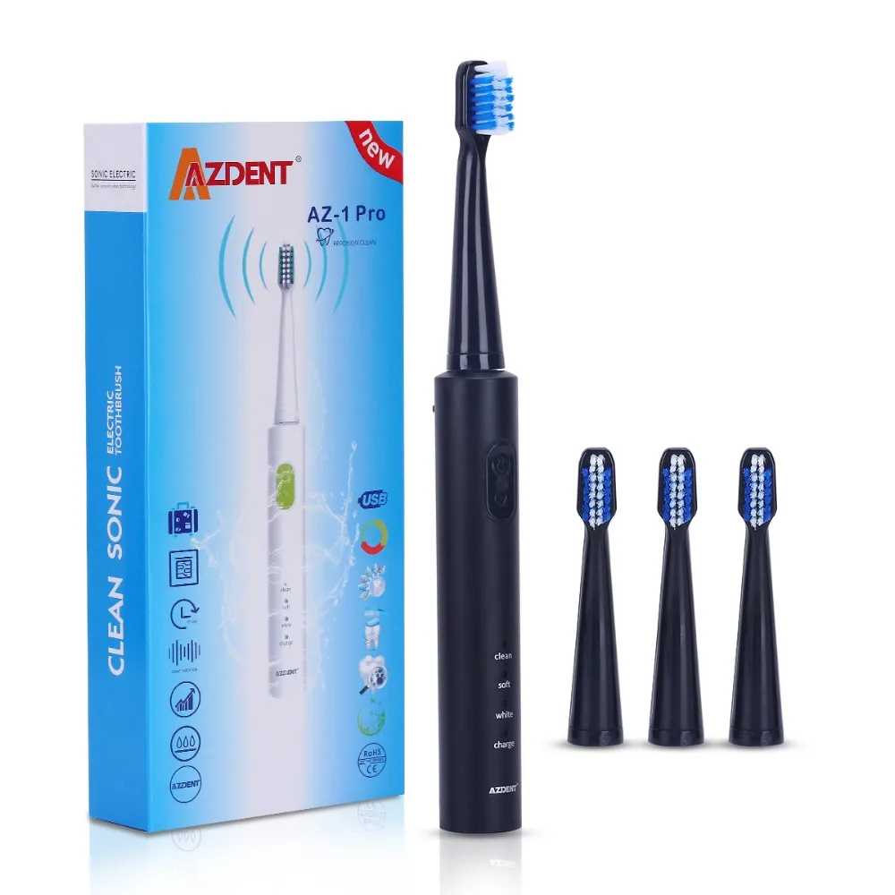 3 режима AZ-1 Pro USB звуковая электрическая зубная щетка Ультра звуковая зубная щетка перезаряжаемая зарядка с 4 головками Самая низкая цена для России