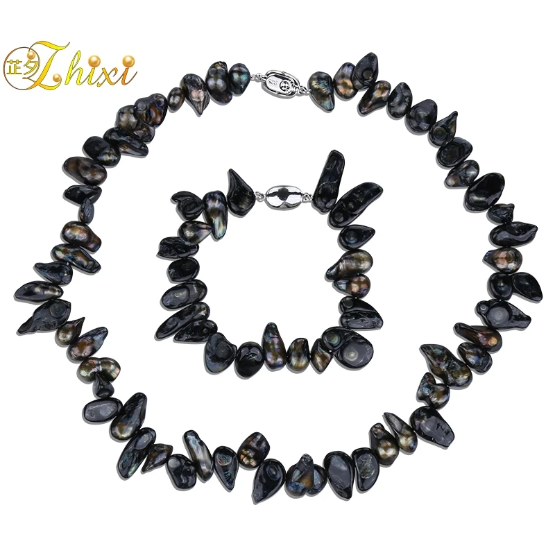 

ZHIXI Pearl Jewelry Sets For Women Freshwater Baroque Pearl Choker Necklace Bracelet Black Fine Jewelry Party Gift T235